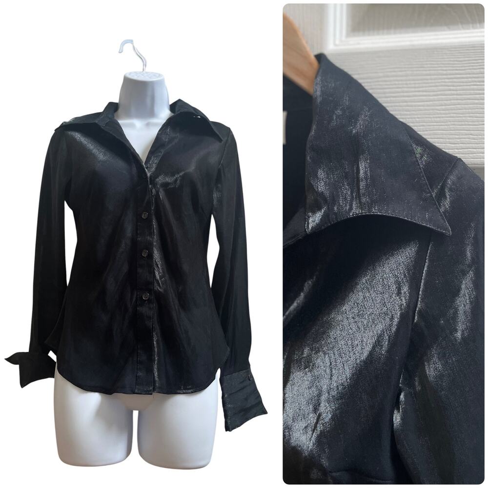 Vintage 90s 67 Karol Place Disco Shine Tailored French Cuffs Button Blouse Small